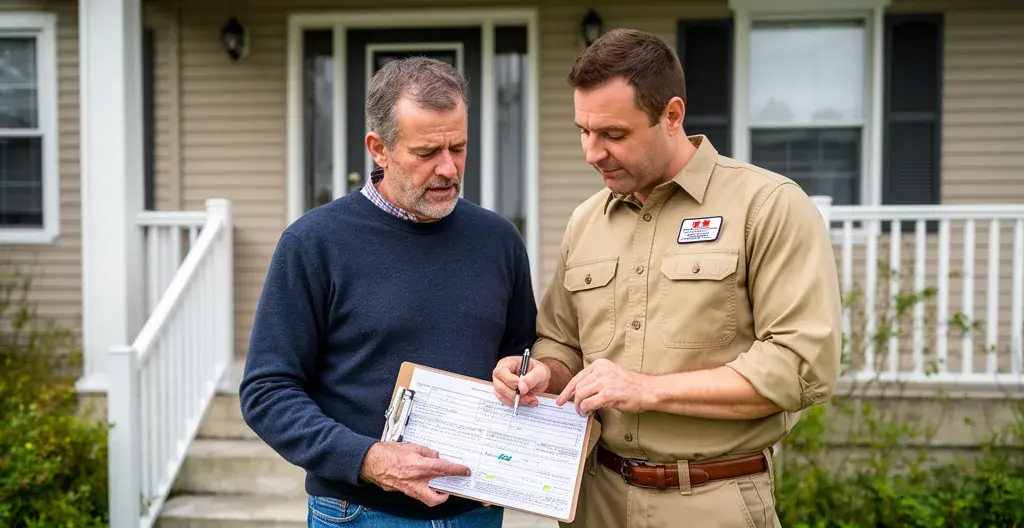 Technicien exterminateur discutant avec un propriétaire devant une maison québécoise typique