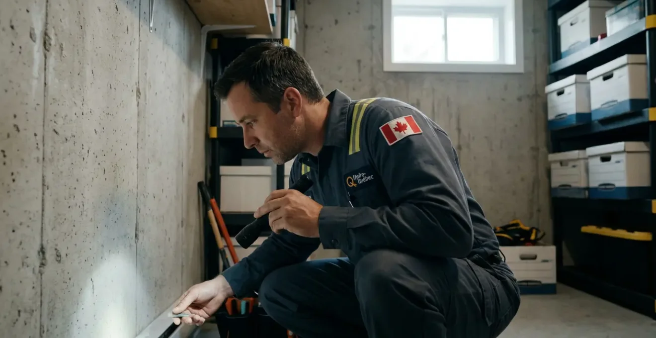 Technicien exterminateur certifié inspectant le sous-sol d'une maison québécoise avec lampe de poche