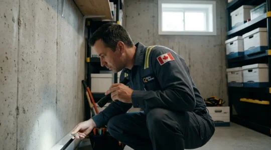 Technicien exterminateur certifié inspectant le sous-sol d'une maison québécoise avec lampe de poche